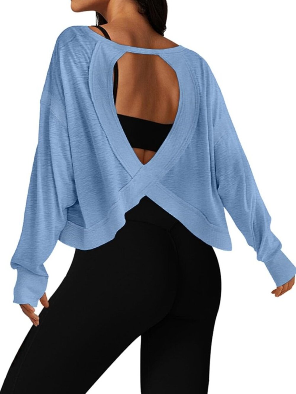 Open Back Long Sleeve Cropped Workout Top for Women - Athletic Gym Yoga Tee